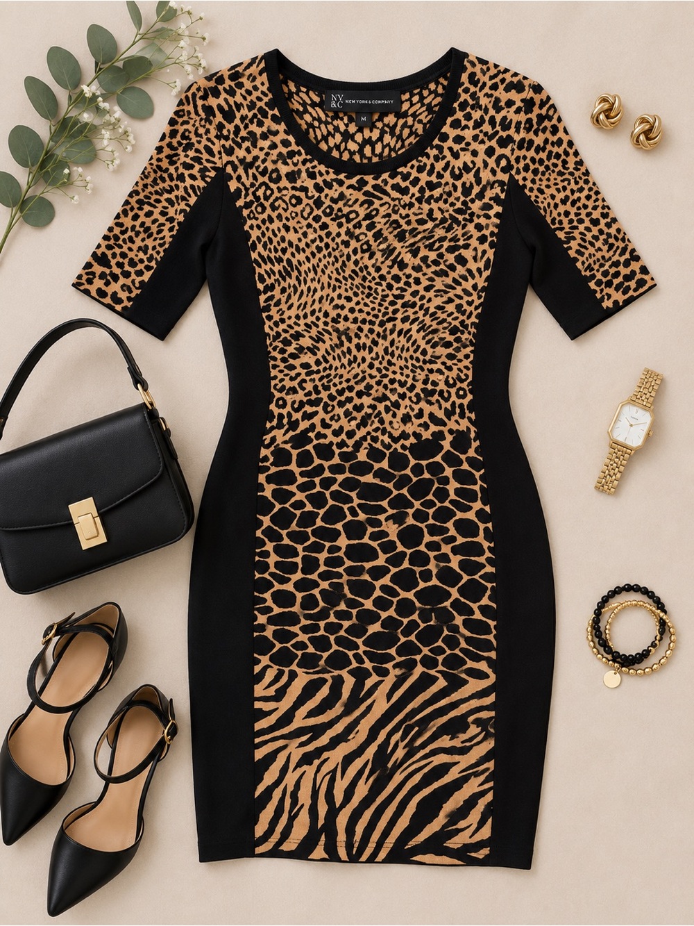 New York & Company Black & Tan Mixed Animal Print Sheath Dress Size Medium